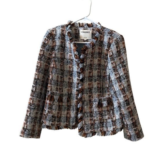 L’AGENCE Angelina Fringe Tweed Blazer Blue/Orange Multi Sz 6 - Picture 3 of 10